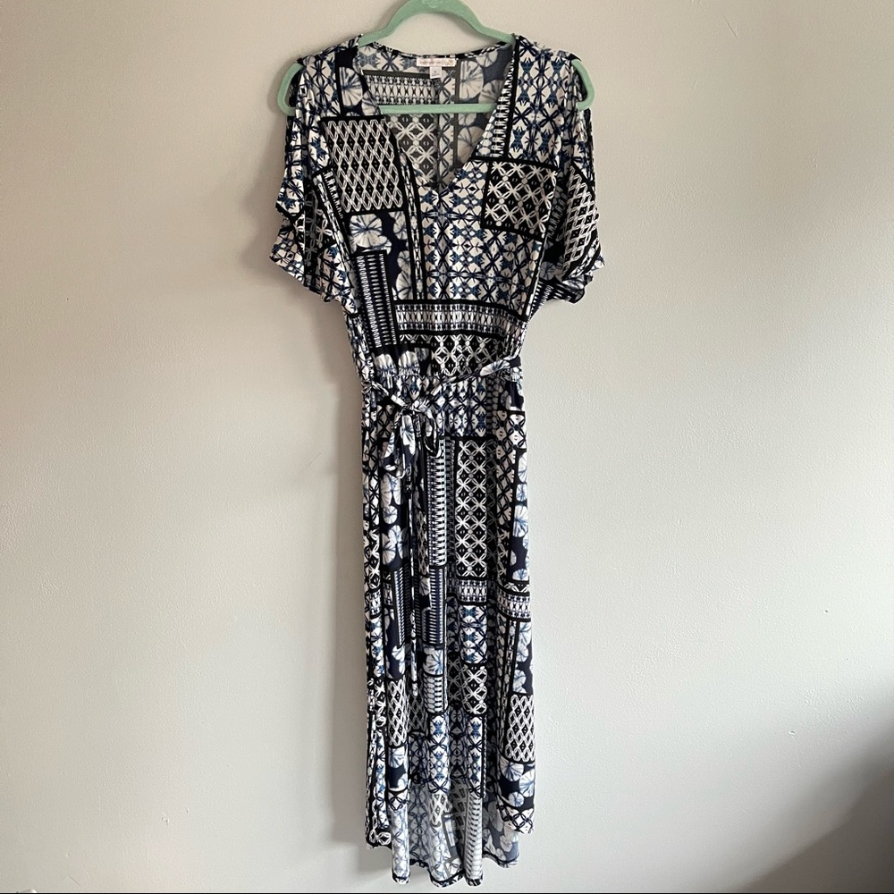 Dress Barn Westport 1962 Blue & White Print Cold Shoulder High Low Dress